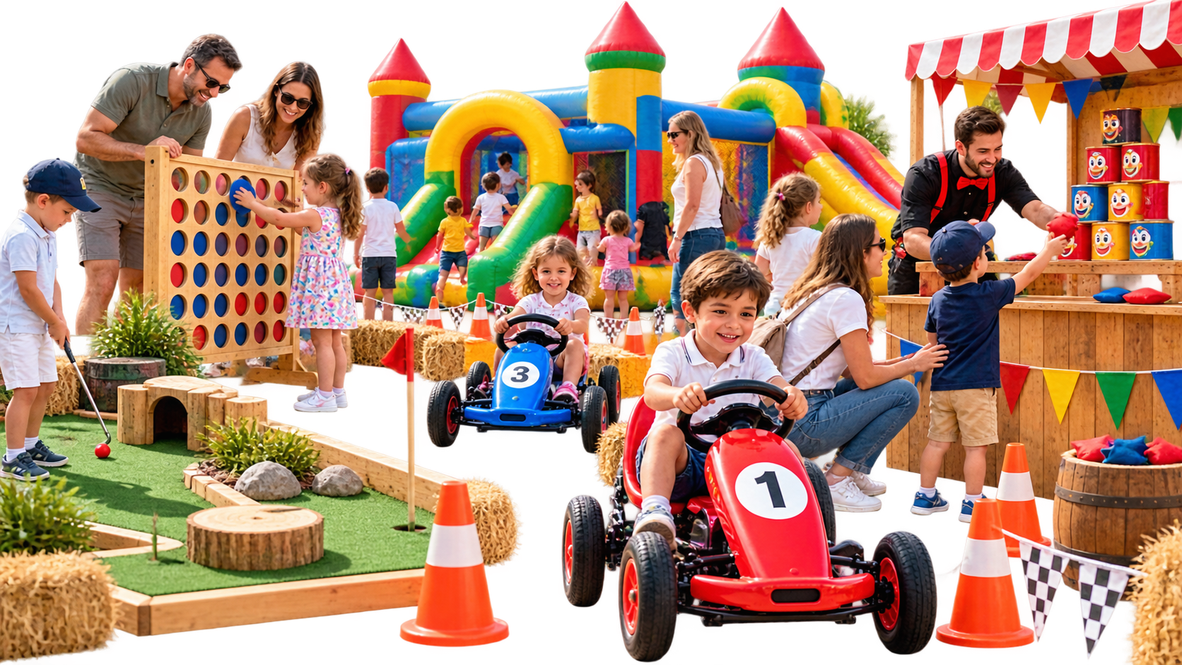 Stands ludiques Animadom avec jeux en bois, karts à pédales et structures gonflables