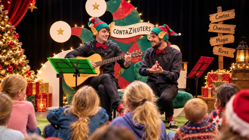Spectacle de contes de Noël pour enfants en entreprise avec deux artistes sur scène