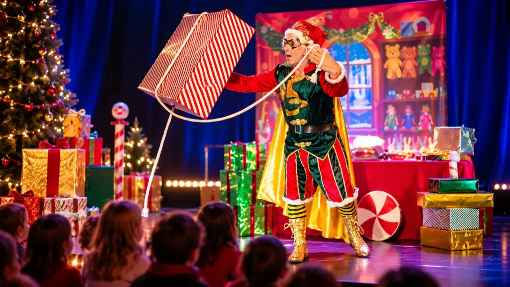 Spectacle enfant de Noël pour entreprise avec artiste sur scène et décor festif